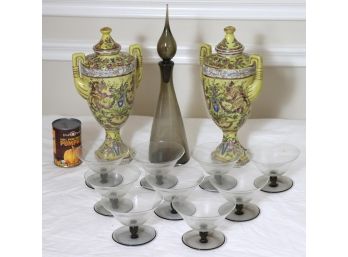 Pair Of Stamped Asian Floral Urns With Smoke Glass Decanter And Dessert Cups