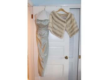 Stunning Rhonda Baum Satin Gown Size S/M With Mink Stole Shoulder Wrap