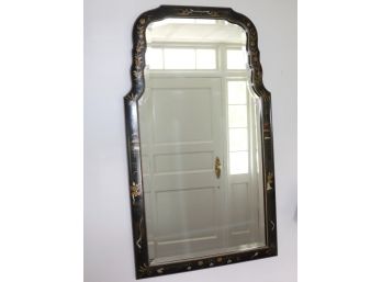 Large Beveled Wall Mirror With Hand Painted Asian Detail Along Frame