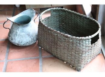 Vintage Hand Hammered And Forged Metal Spittoon Bucket With Woven Basket