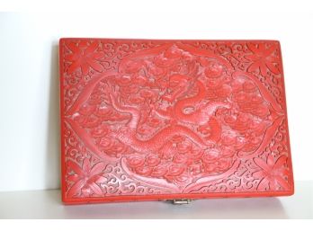 Vintage Carved Red Cinnabar Jewelry Box With Dragon And Clouds Motif