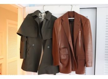Women's Ralph Lauren Brown Leather Jacket Size 8 And Soia Kyo Trench Style Coat With Belt Size M