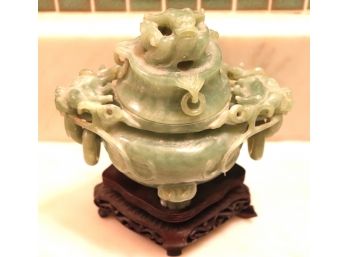 Vintage Carved Asian Dragon Green Jade Censer 7' Tall With Wood Stand
