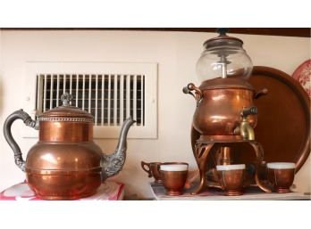 Vintage Hand Forged Copper Kettle With Copper Tea/Coffee Dispenser And Cups