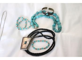 Beautiful Blue Turquoise Colored Stone Jewelry Includes Stone Necklace & Sterling Bracelet