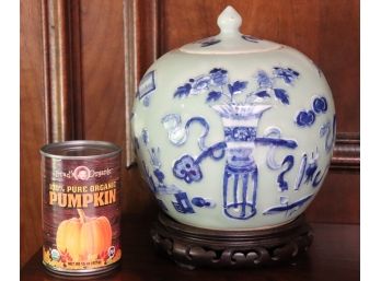 Vintage Blue And White Celadon Ginger Jar On Stand With Hand Painted Design 1976