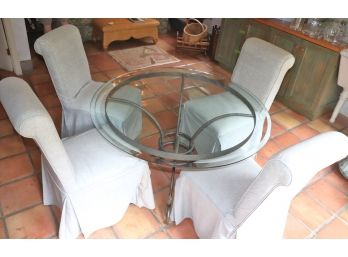 48' Beveled Glass Table With Metal Base And 4 Covered Chairs