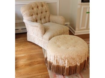 Custom Tufted Arm Chair And Round Ottoman With Damask Upholstery