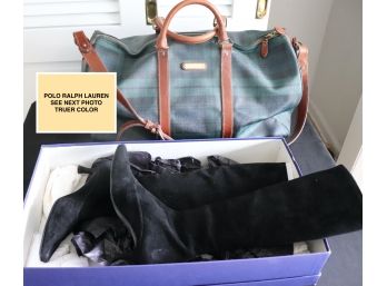 Polo Ralph Lauren Plaid Travel Bag With Stuart Weitzman Black Suede Boots Size 8.5