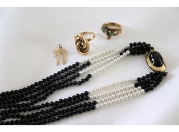 18' And 4 Strand White/Black Necklace With 14K + Onyx Center, 14K YG Ring, 14K Yg Ring, 14K YG Chai Charm