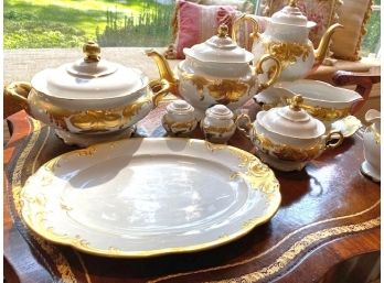 Pretty White China With Gold Detail: Lots Of Serving Pieces Include Coffee And Tea Pot, Tureen, Platter + More