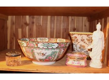 Rose Medallion Bowl With Powder Boxes And Asian Figurine