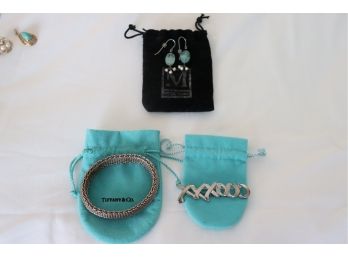 Tiffany & Co. Sterling Mesh Bracelet & XXXOOO Pin With Blue Stone And Pearl Earrings. See Details
