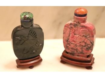 Antique Carved Snuff Bottles Green Labradorite Crane Bottle & Pink Jasper Bottle With Carved Buddha