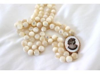 White Glass MOP Look  Necklace 24' With 14KT Cameo Style Center Locket