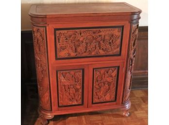 Amazing Vintage Chinese Hand Carved Teak Liquor Cabinet With Traditional Palace Garden Motif