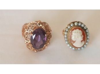 14K YG Gold Cameo Ring With Seed Pearls And 14K YG Ring With Amethyst Stone On Filigree Gold Band,