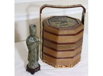 Carved Jade Stone Asian Scholar On Stand With Authentic Hand Painted Chinese Wicker Gilded Lunch Box