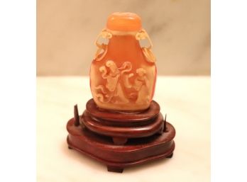 Vintage Signed Carved Asian Duck Bill Snuff Bottle 2' Tall With Stand