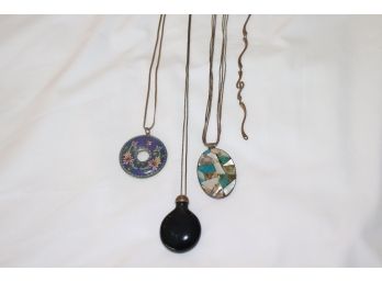 Lot Of Women's Sterling  And Plated Necklaces With Pendants And Bracelet, Snuff Bottle, Cloisonne Medallion