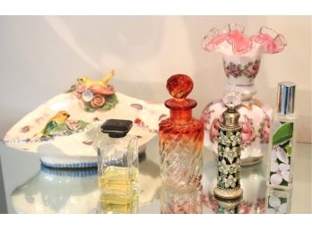 Fenton Floral Glass Vase With Assorted Perfume Bottles And Bird Dish