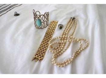 Women's Fashion Jewelry Lot Includes Gold Tone Ciner Bracelet, Cuff Bracelet & Faux Pearl Strand