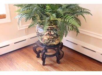 Large Hand Painted Lotus Blossom Asian Style Pot With Faux Plant And Stand