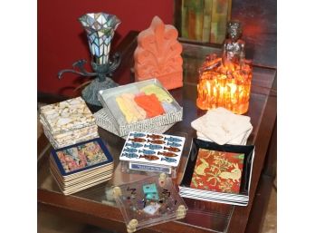 Small Decorative Art Deco Table Lamp With Fiery Glow & Assorted Coasters