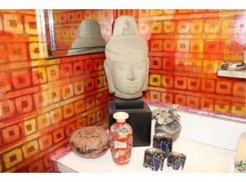 Mixed Lot Of Asian Collectibles Includes Buddha Head, Vase And Painted Elephants