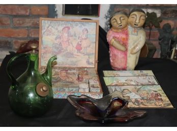 Mixed Lot Includes Vintage Kids Puzzles, Blown Glass Dish, Mexican Doll & Vintage Green Glass Decanter Bot