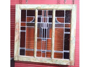 Vintage Hanging Stained Glass Window Panel With Distressed Wood Finish