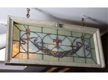 Vintage Stained Glass Window Panel With Fleur De Lis And Floral Detail