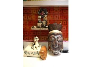 Mixed Lot Includes Cherub Box, Tribal Face Mask And Carved Face Box