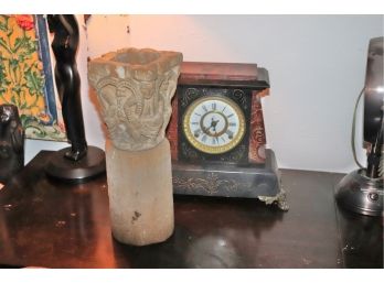Small F Kroeber Etched Marble Mantle Clock With Stone Vase And Stand
