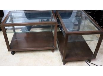 Pair Of 50's Style Modern Glass End Tables With Wheels On One Side & Bottom Shelf