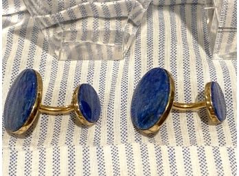 14K YG Pair Of Cufflinks With Blue Stone Inserts