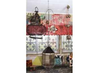 Decorative Hanging Decor Includes Ornate Bird Cage, Glass Terrarium, Cow Bell Chimes & Metal Fish