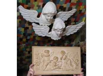 Pair Of Carved Wood Cherub Wall Mounts With Ceramic Angel Decor