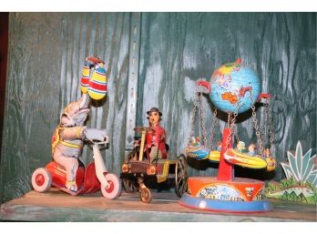 Metal Wind Up Tin Toys Made In Western Germany US Zone, Circus Elephant On Bike, Globe Swing & Rickshaw Ca