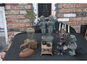 Mixed Lot Of Vintage Collectibles Includes Metal Cherub Candle Holders, Mini Stove, Iron, Little Girl Post