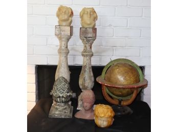 Set Of Tall Carved Wood Candle Pedestals With Hand Dipped Wax Candles With Globe And Mini Bust
