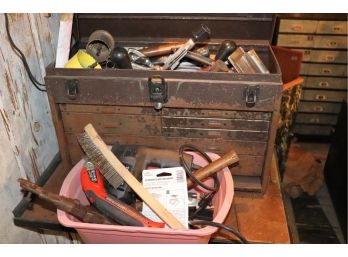 Vintage Metal Tool Box With Assorted Tools