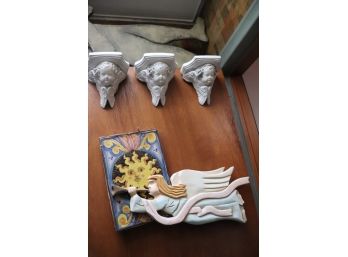 Set Of 3 Cherub Wall Shelves With Painted Angel Wall Decor