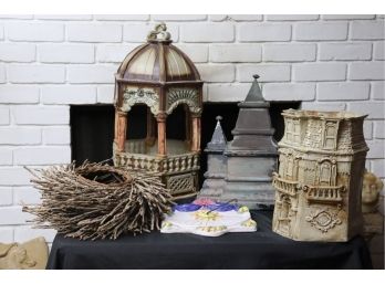 Lot Of Decorative Items Include Ceramic Gazebo Statue, Ceramic Umbrella Holder & Handmade Aluminum Temple