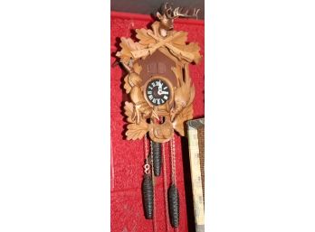 Vintage Hand Carved Cuckoo Clock With Hunting Motif Made In Germany, Good Working Condition