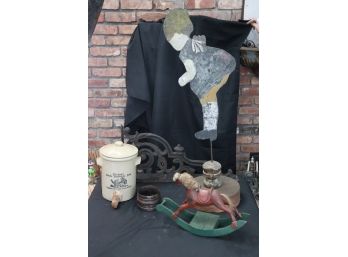 Mixed Lot Includes Heavy Cast Iron Bracket, Vintage Soap Crock With Spout & Wood Rocking Horse