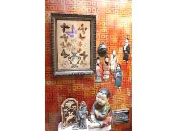 Mixed Lot Includes Framed Butterfly Art With Assorted Asian Collectible Cloth Dolls