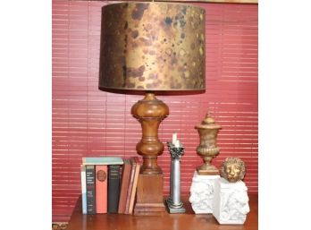 Decorative Lot Includes Tall Wood Lamp, Small Marble Urn, Lion Plaster Bookends & Books