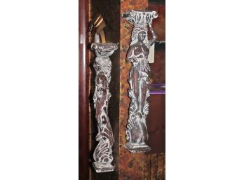 Pair Of Tall Carved Wood Wall Sconces Woman With Basket On Head