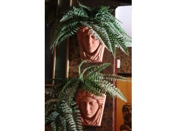 Pair Of Terracotta Wall Pockets With Sculpted Face